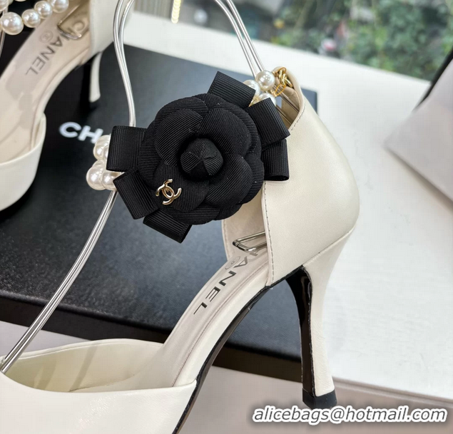 Grade Quality Chanel Camellia Flower White Leather Dorsay Pearls High Heeled Pumps Shoes 80MM 6051310