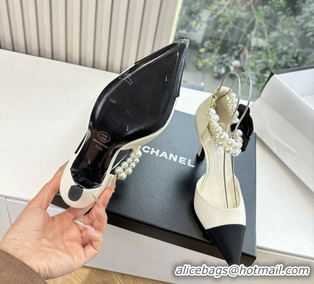 Grade Quality Chanel Camellia Flower White Leather Dorsay Pearls High Heeled Pumps Shoes 80MM 6051310