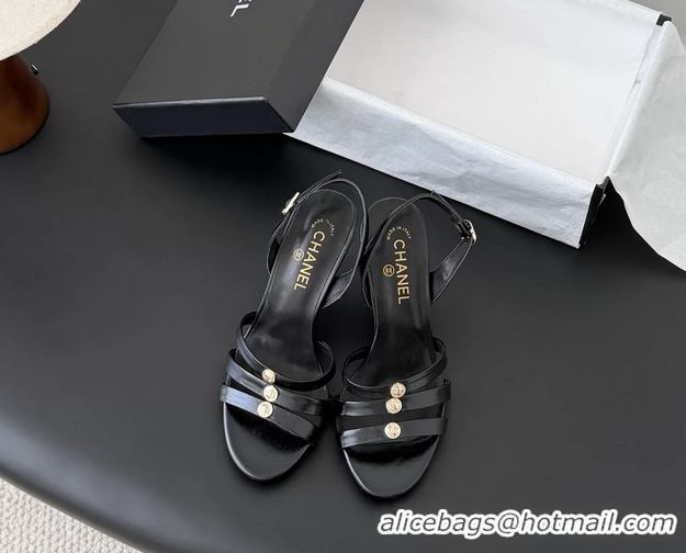 Unique Discount Chanel Black Leather High Heeled Slingback Sandals Shoes 75MM 6051312
