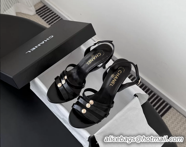 Unique Discount Chanel Black Leather High Heeled Slingback Sandals Shoes 75MM 6051312