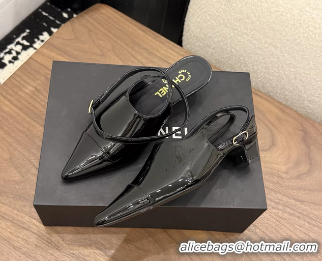 Top Grade Chanel Heeled Slingbacks Mules Shoes Black Patent Leather 40MM 6051315