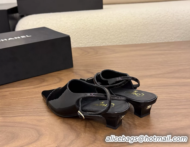 Top Grade Chanel Heeled Slingbacks Mules Shoes Black Patent Leather 40MM 6051315