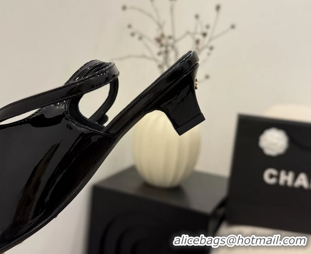 Top Grade Chanel Heeled Slingbacks Mules Shoes Black Patent Leather 40MM 6051315