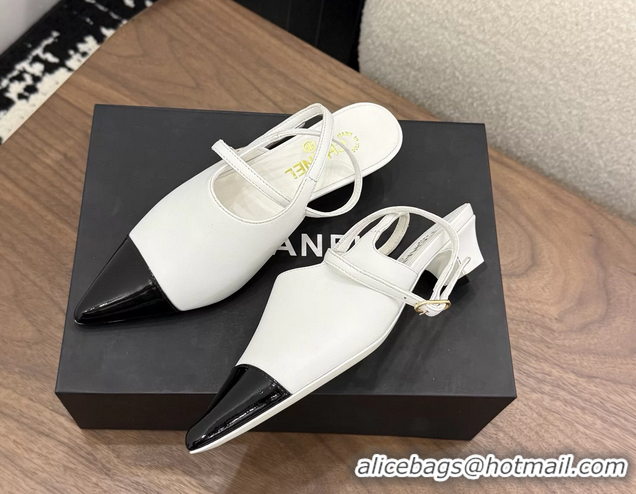 Luxury Chanel Heeled Slingbacks Mules Shoes White Patent Leather 40MM 6051315