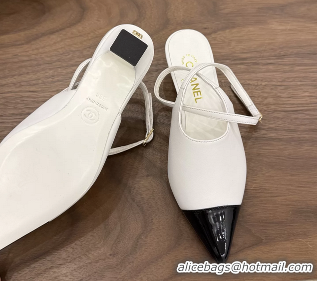 Luxury Chanel Heeled Slingbacks Mules Shoes White Patent Leather 40MM 6051315