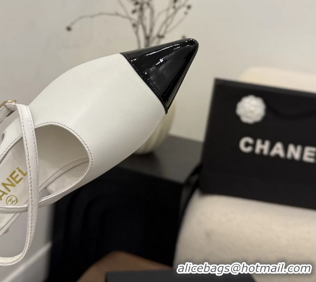 Luxury Chanel Heeled Slingbacks Mules Shoes White Patent Leather 40MM 6051315
