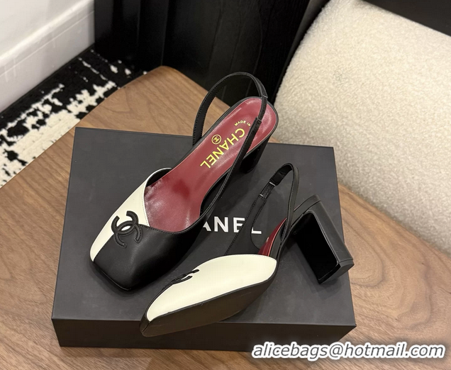 Best Price Chanel CC Logo White Black Leather Slingback Pumps 75MM 6051316