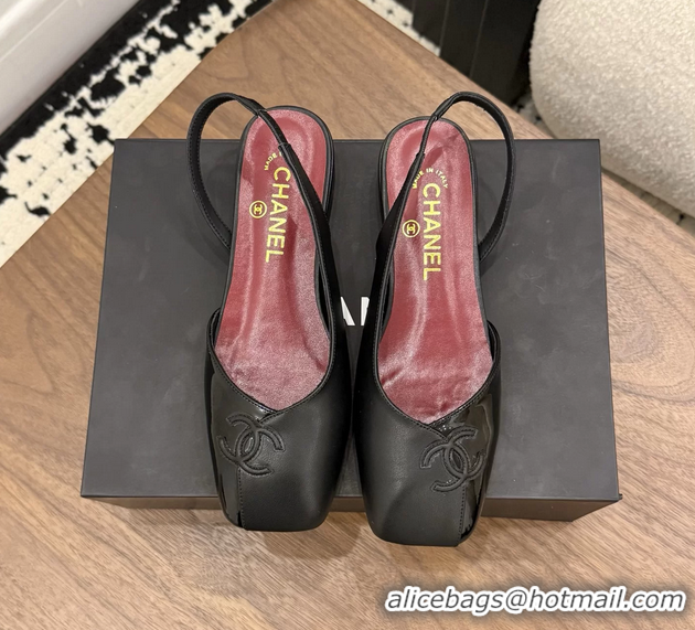 Top Quality Chanel CC Logo Black Leather Slingback Flats 6051317