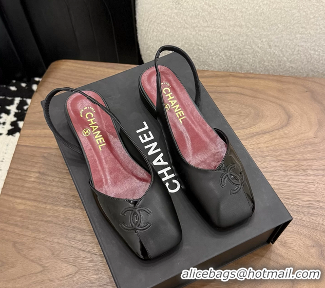 Top Quality Chanel CC Logo Black Leather Slingback Flats 6051317