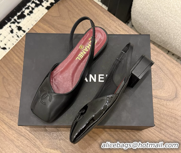 Top Quality Chanel CC Logo Black Leather Slingback Flats 6051317