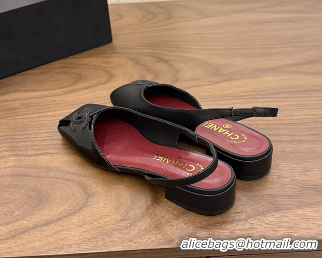 Top Quality Chanel CC Logo Black Leather Slingback Flats 6051317