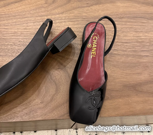 Top Quality Chanel CC Logo Black Leather Slingback Flats 6051317