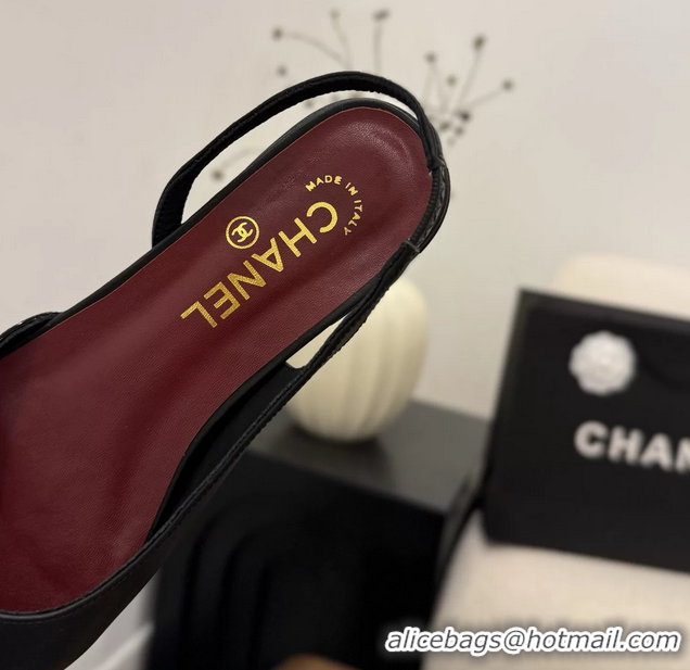 Top Quality Chanel CC Logo Black Leather Slingback Flats 6051317