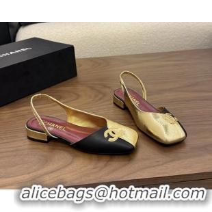 AAAAA Chanel CC Logo Black Gold Leather Slingback Flats 6051317