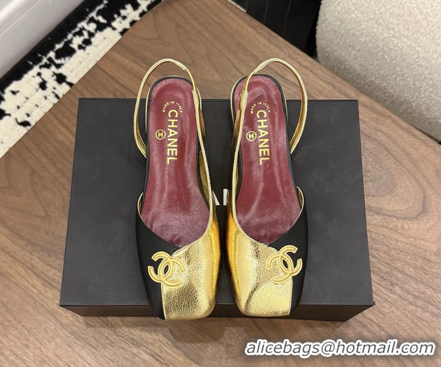 AAAAA Chanel CC Logo Black Gold Leather Slingback Flats 6051317