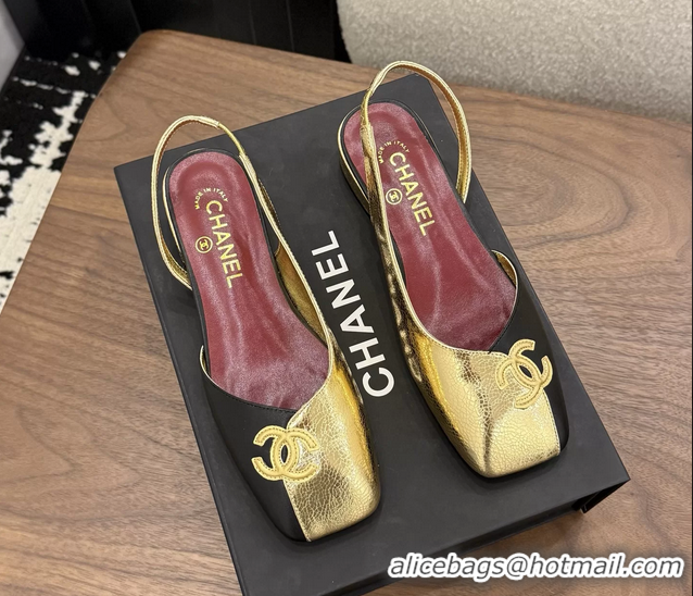 AAAAA Chanel CC Logo Black Gold Leather Slingback Flats 6051317