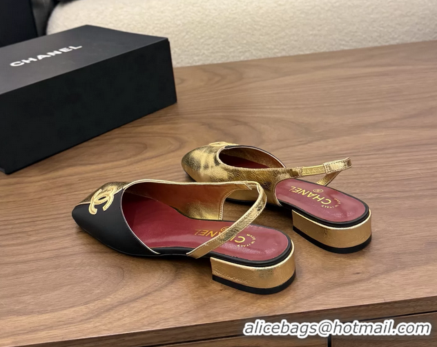 AAAAA Chanel CC Logo Black Gold Leather Slingback Flats 6051317