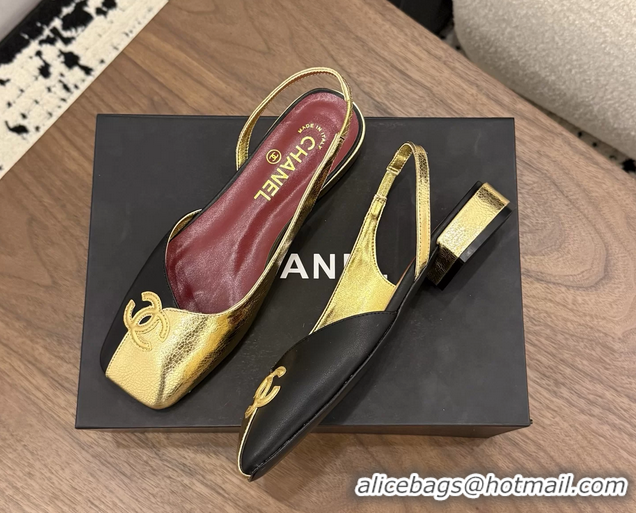 AAAAA Chanel CC Logo Black Gold Leather Slingback Flats 6051317