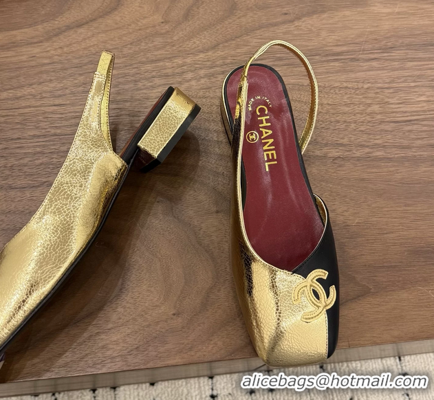 AAAAA Chanel CC Logo Black Gold Leather Slingback Flats 6051317