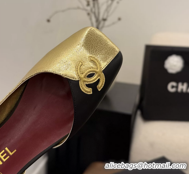 AAAAA Chanel CC Logo Black Gold Leather Slingback Flats 6051317