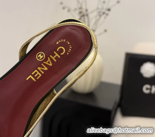 AAAAA Chanel CC Logo Black Gold Leather Slingback Flats 6051317