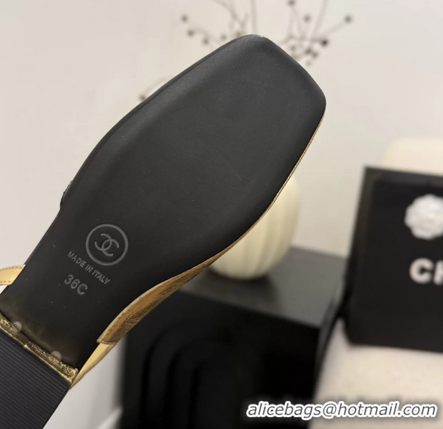 AAAAA Chanel CC Logo Black Gold Leather Slingback Flats 6051317
