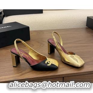 Buy Fashionable Chanel CC Logo Gold Black Leather Slingback Pumps 75MM 6051318
