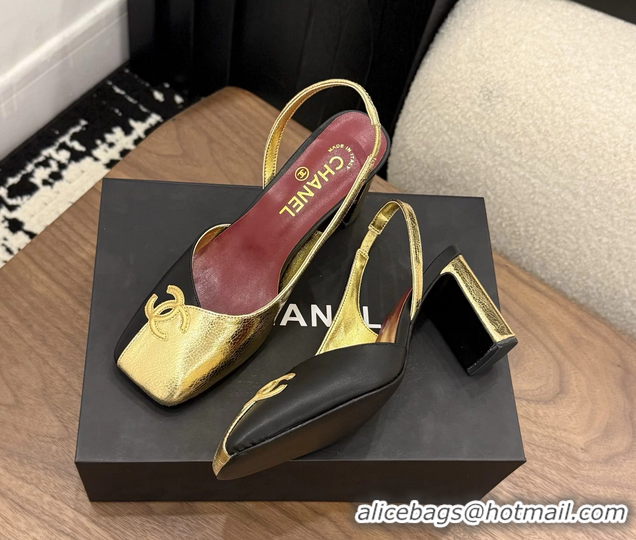 Buy Fashionable Chanel CC Logo Gold Black Leather Slingback Pumps 75MM 6051318