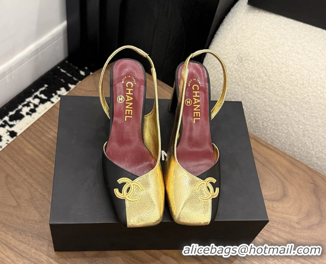 Buy Fashionable Chanel CC Logo Gold Black Leather Slingback Pumps 75MM 6051318