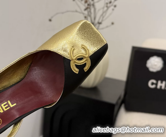 Buy Fashionable Chanel CC Logo Gold Black Leather Slingback Pumps 75MM 6051318