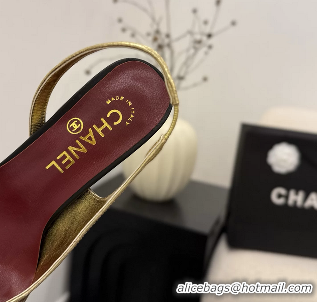 Buy Fashionable Chanel CC Logo Gold Black Leather Slingback Pumps 75MM 6051318