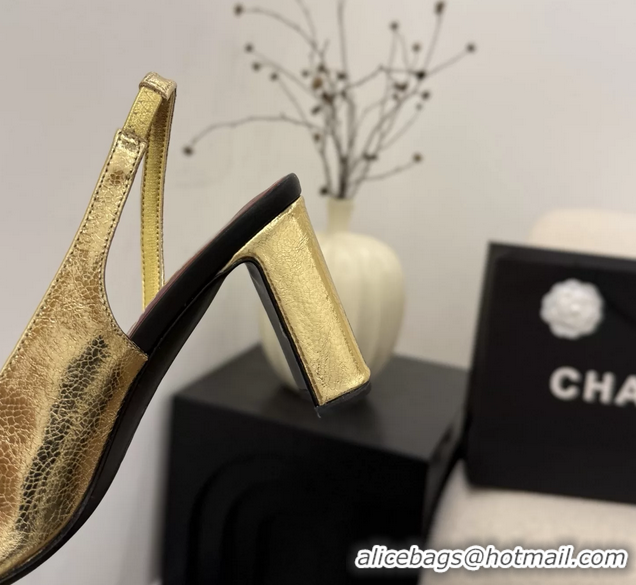 Buy Fashionable Chanel CC Logo Gold Black Leather Slingback Pumps 75MM 6051318