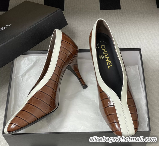 Low Cost Chanel Spring Summer 2026 Pumps Brown White Crocodile Embossed Calfskin Leather 85MM 6051319