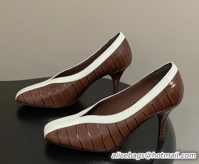 Low Cost Chanel Spring Summer 2026 Pumps Brown White Crocodile Embossed Calfskin Leather 85MM 6051319