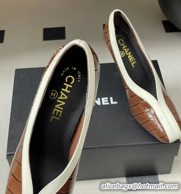 Low Cost Chanel Spring Summer 2026 Pumps Brown White Crocodile Embossed Calfskin Leather 85MM 6051319
