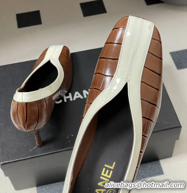 Low Cost Chanel Spring Summer 2026 Pumps Brown White Crocodile Embossed Calfskin Leather 85MM 6051319