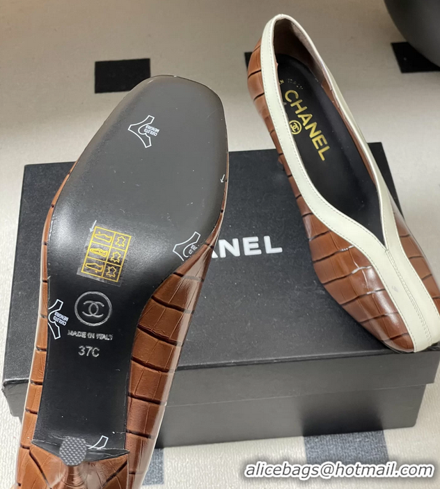 Low Cost Chanel Spring Summer 2026 Pumps Brown White Crocodile Embossed Calfskin Leather 85MM 6051319