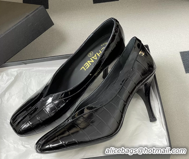 Stylish Chanel Spring Summer 2026 Pumps Black_Crocodile Embossed Calfskin Leather 85MM 6051319