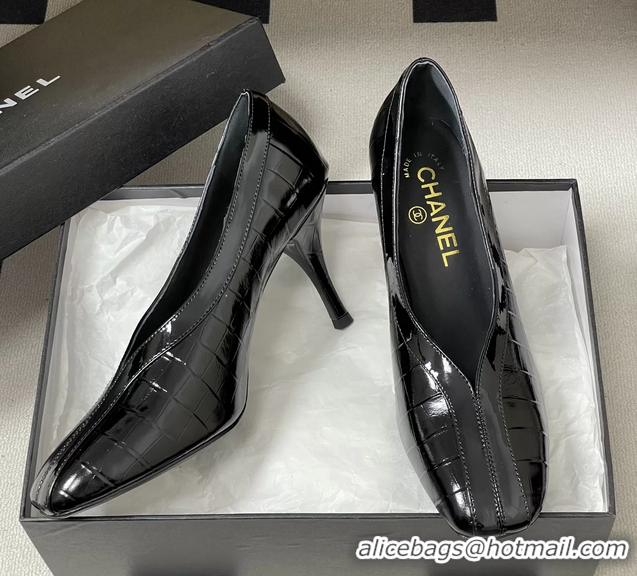 Stylish Chanel Spring Summer 2026 Pumps Black_Crocodile Embossed Calfskin Leather 85MM 6051319