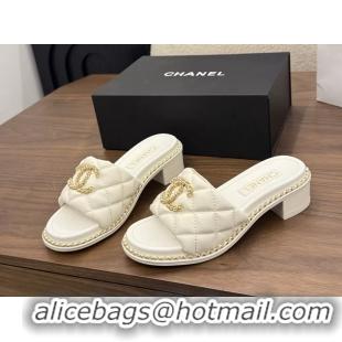 Duplicate Chanel Pearl Chain CC logo Heeled Slides Sandals White Quilted Leather 6051320