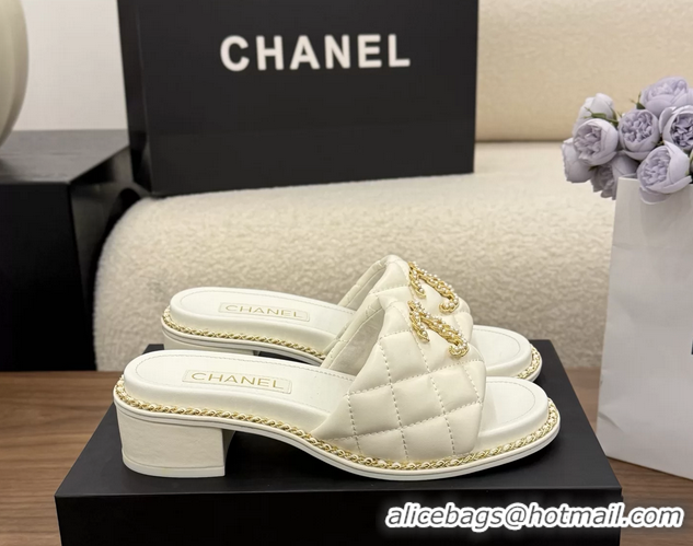 Duplicate Chanel Pearl Chain CC logo Heeled Slides Sandals White Quilted Leather 6051320