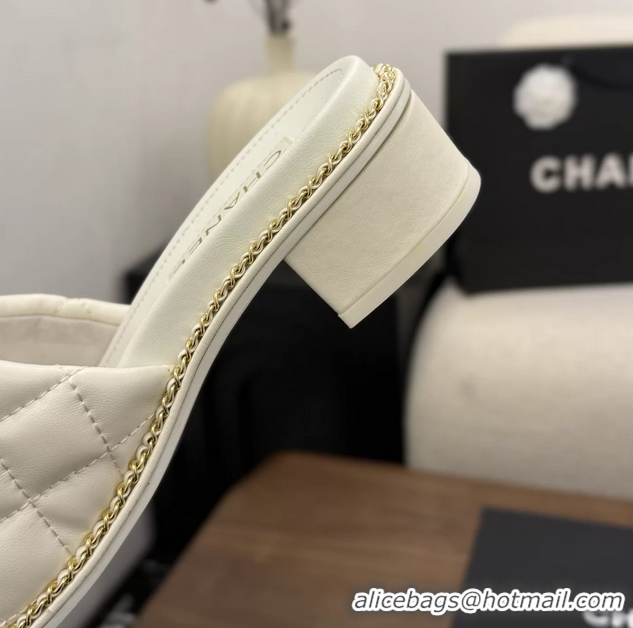 Duplicate Chanel Pearl Chain CC logo Heeled Slides Sandals White Quilted Leather 6051320