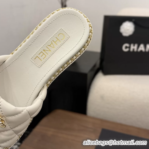 Duplicate Chanel Pearl Chain CC logo Heeled Slides Sandals White Quilted Leather 6051320