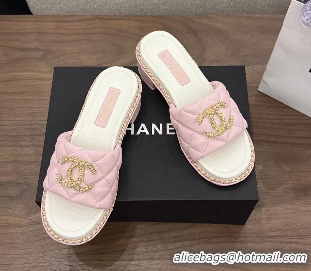 Most Popular Chanel Pearl Chain CC logo Heeled Slides Sandals Pink Quilted Leather 6051320