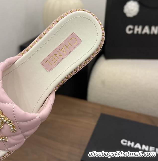 Most Popular Chanel Pearl Chain CC logo Heeled Slides Sandals Pink Quilted Leather 6051320