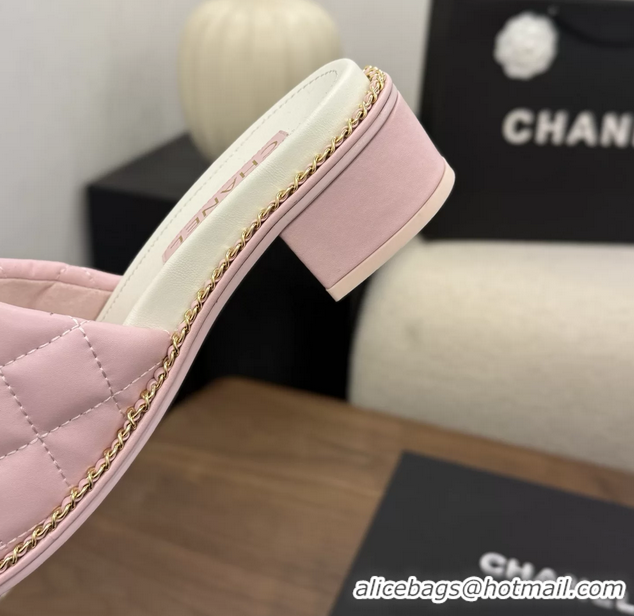Most Popular Chanel Pearl Chain CC logo Heeled Slides Sandals Pink Quilted Leather 6051320