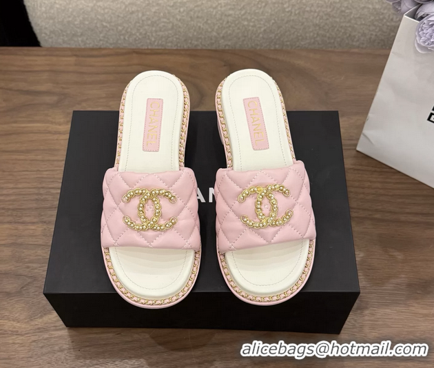 Most Popular Chanel Pearl Chain CC logo Heeled Slides Sandals Pink Quilted Leather 6051320