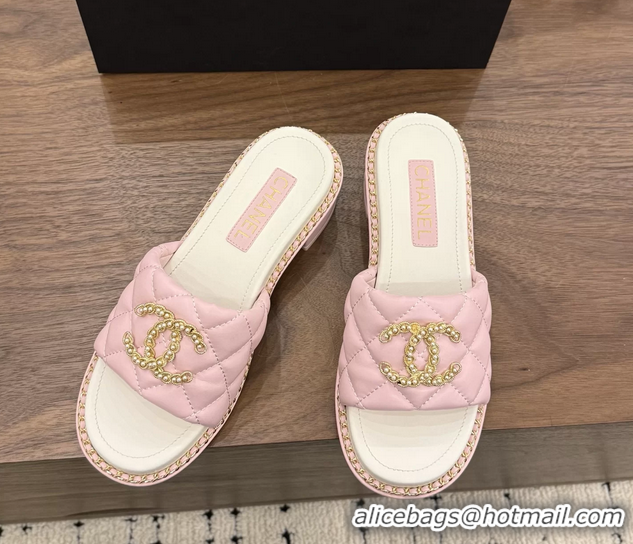 Most Popular Chanel Pearl Chain CC logo Heeled Slides Sandals Pink Quilted Leather 6051320