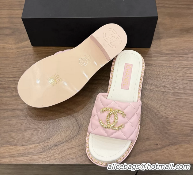 Most Popular Chanel Pearl Chain CC logo Heeled Slides Sandals Pink Quilted Leather 6051320