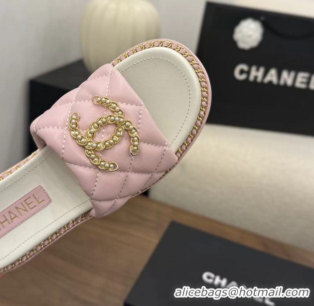 Most Popular Chanel Pearl Chain CC logo Heeled Slides Sandals Pink Quilted Leather 6051320